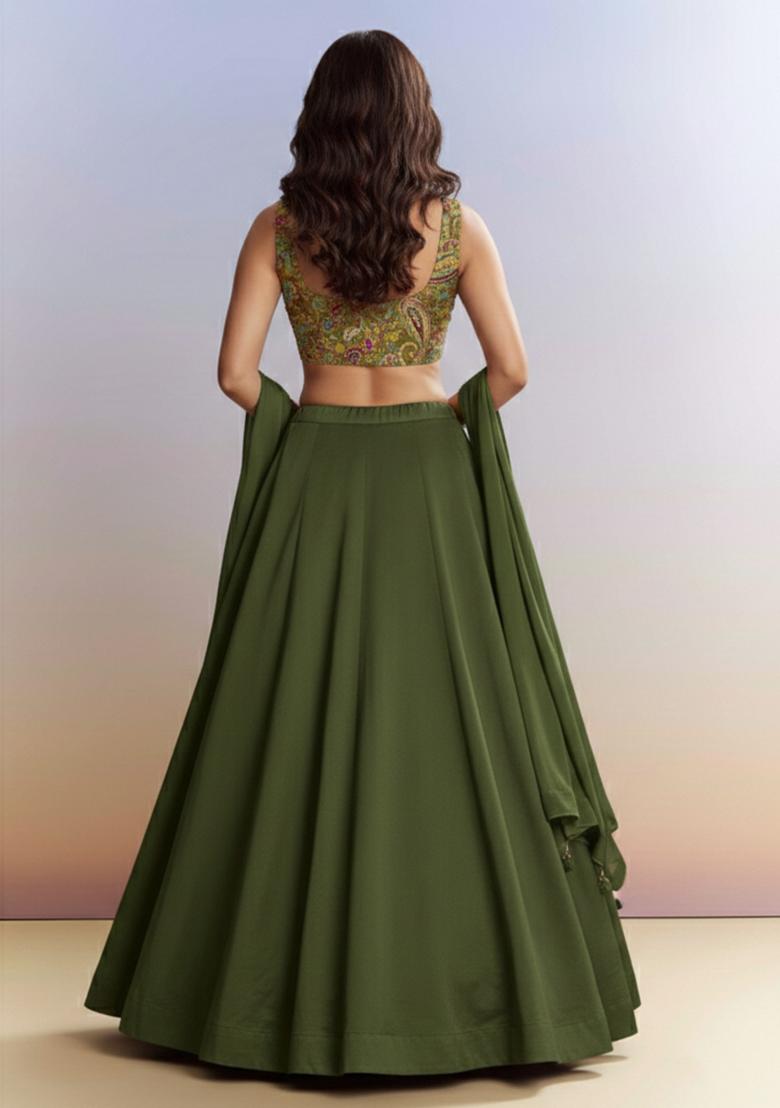 Olive Green Embroidered Crepe Lehenga Set - Indya