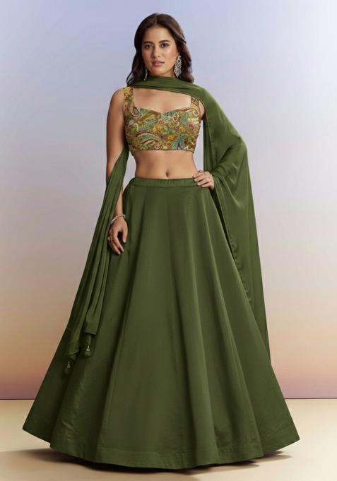 Olive Green Embroidered Crepe Lehenga Set