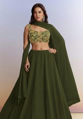 Olive Green Embroidered Crepe Lehenga Set
