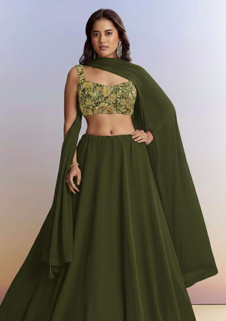 Olive Green Embroidered Crepe Lehenga Set - Indya