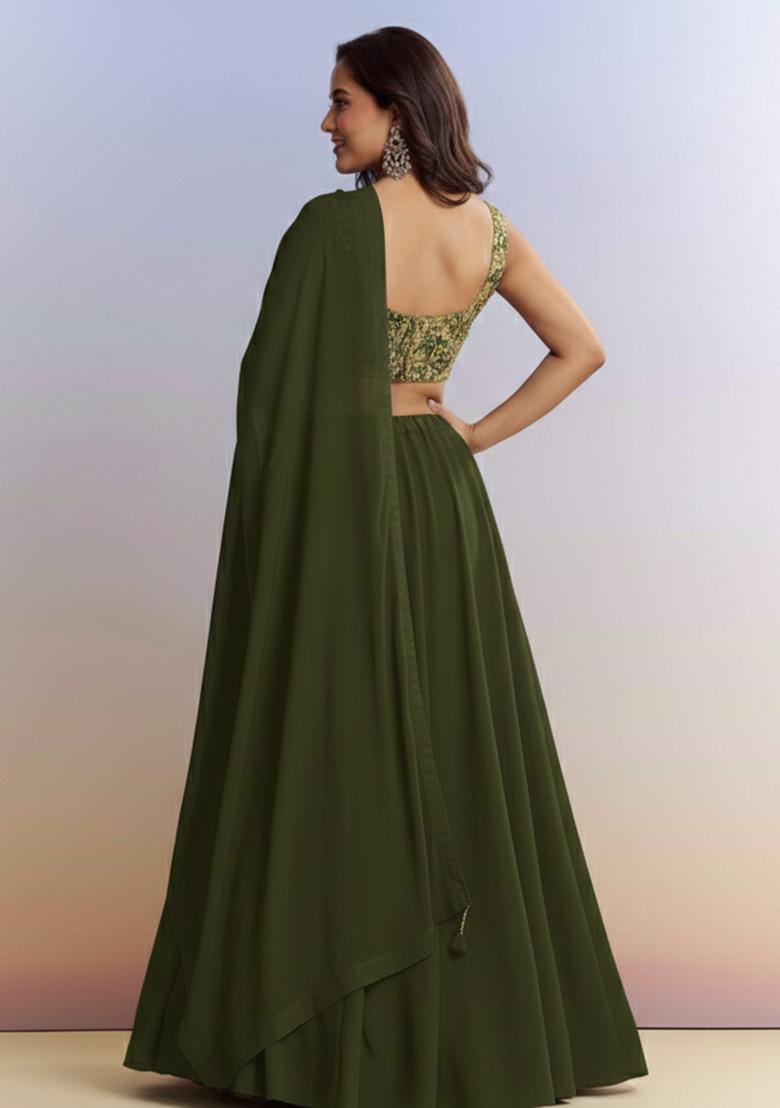 Olive Green Embroidered Crepe Lehenga Set - Indya