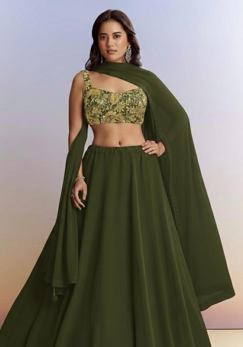 Olive Green Embroidered Crepe Lehenga Set