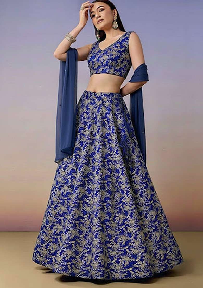 Navy Blue Embroidered Crepe Lehenga Set - Indya