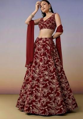 Deep Red Embroidered Crepe Lehenga Set
