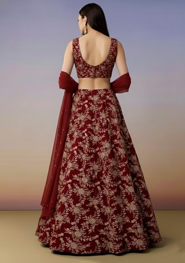 Deep Red Embroidered Crepe Lehenga Set - Indya
