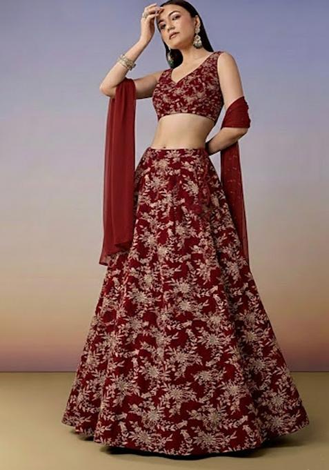 Deep Red Embroidered Crepe Lehenga Set