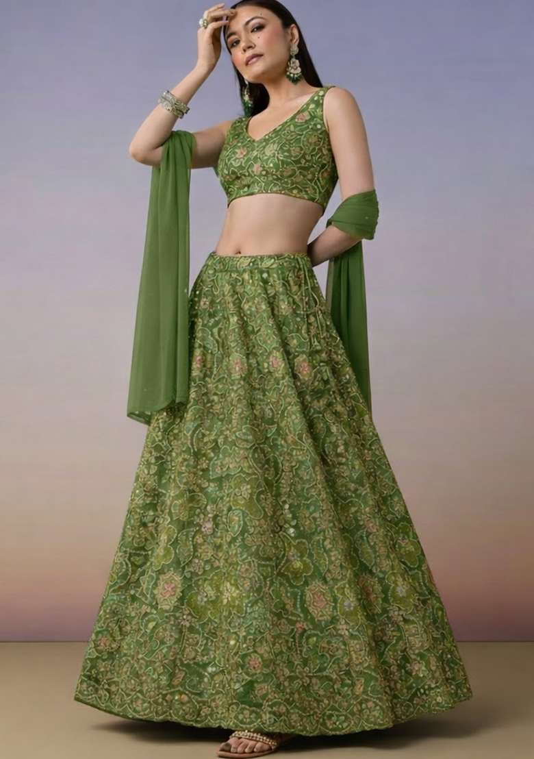 Green Embroidered Crepe Lehenga Set - Indya