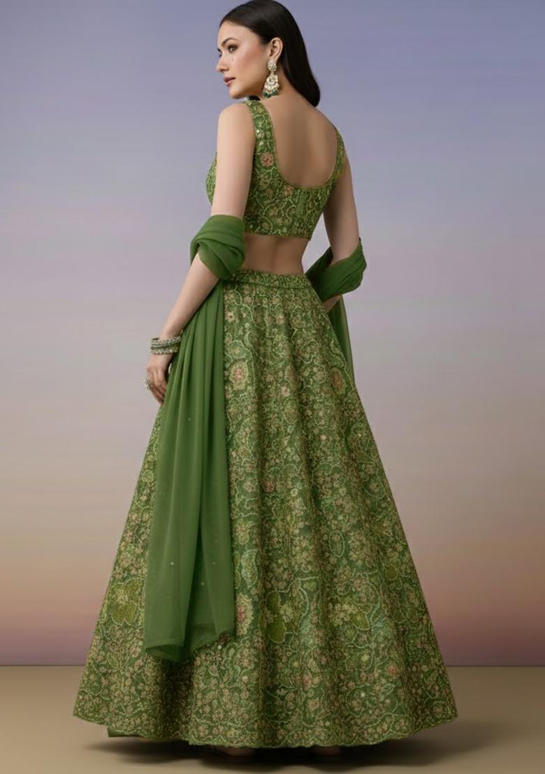 Green Embroidered Crepe Lehenga Set - Indya