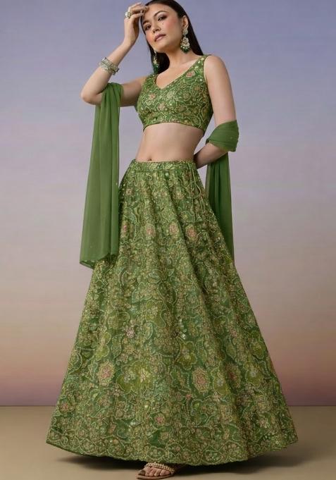 Green Embroidered Crepe Lehenga Set