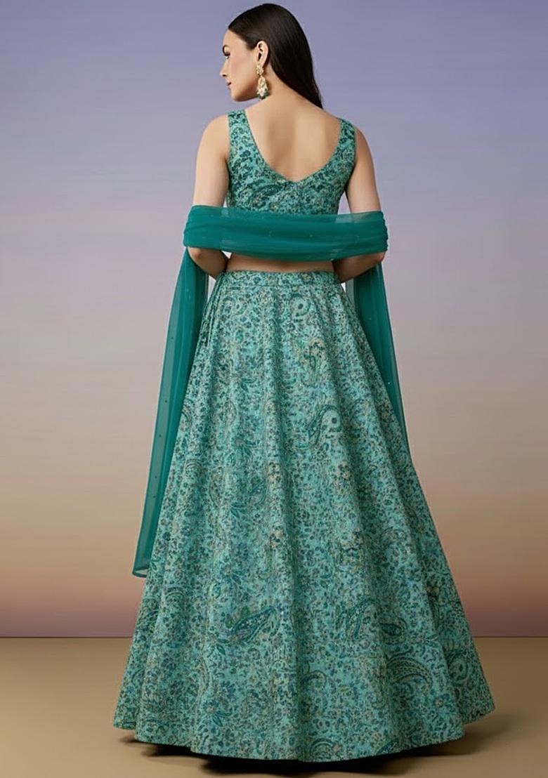 Teal Blue Embroidered Crepe Lehenga Set - Indya
