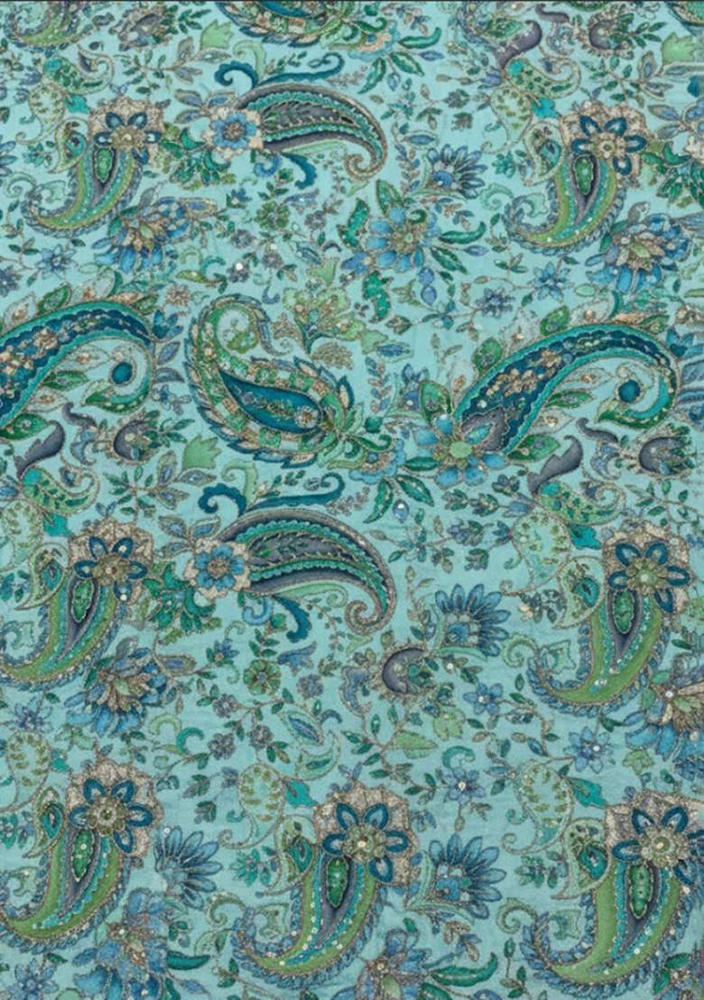 Teal Blue Embroidered Crepe Lehenga Set - Indya