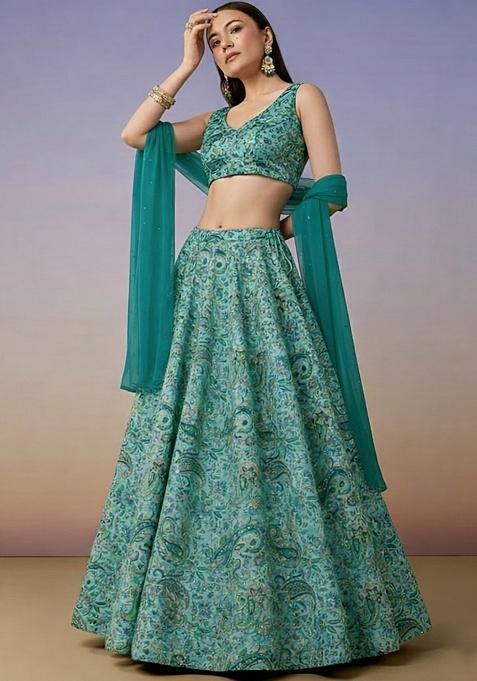 Teal Blue Embroidered Crepe Lehenga Set