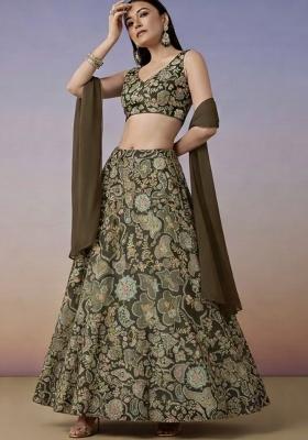 Brown Embroidered Crepe Lehenga Set