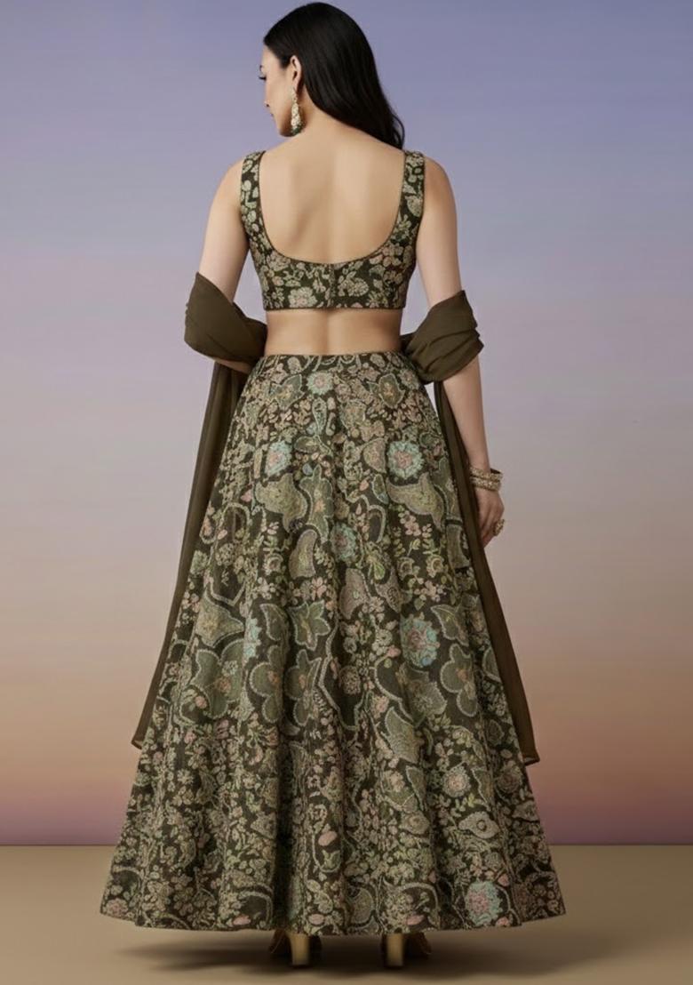 Brown Embroidered Crepe Lehenga Set - Indya