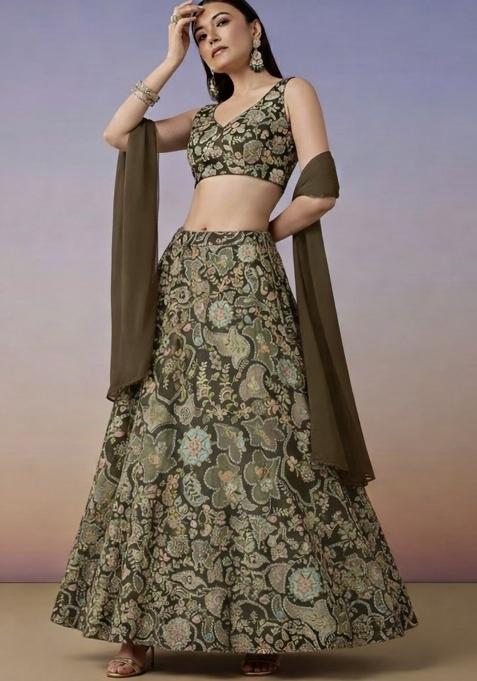 Brown Embroidered Crepe Lehenga Set
