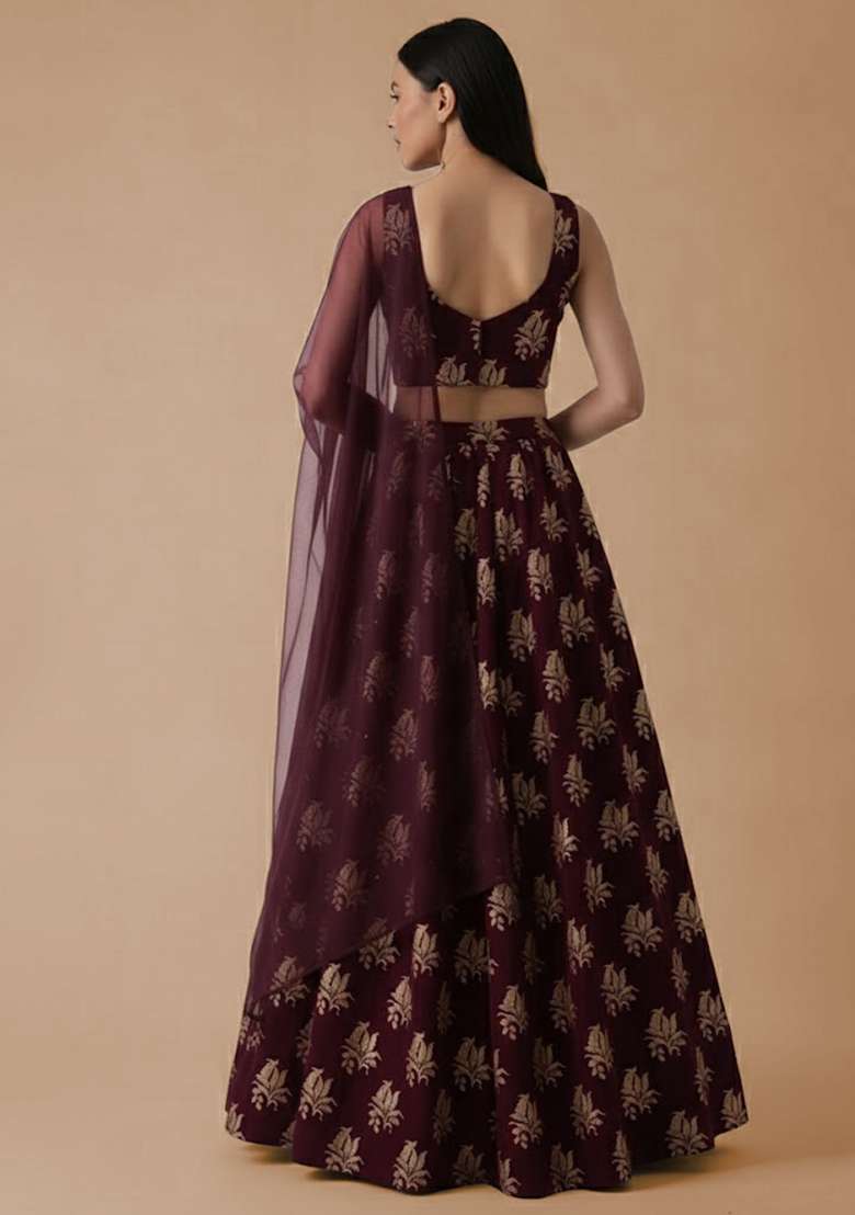 Maroon Brocade Lehenga Set - Indya