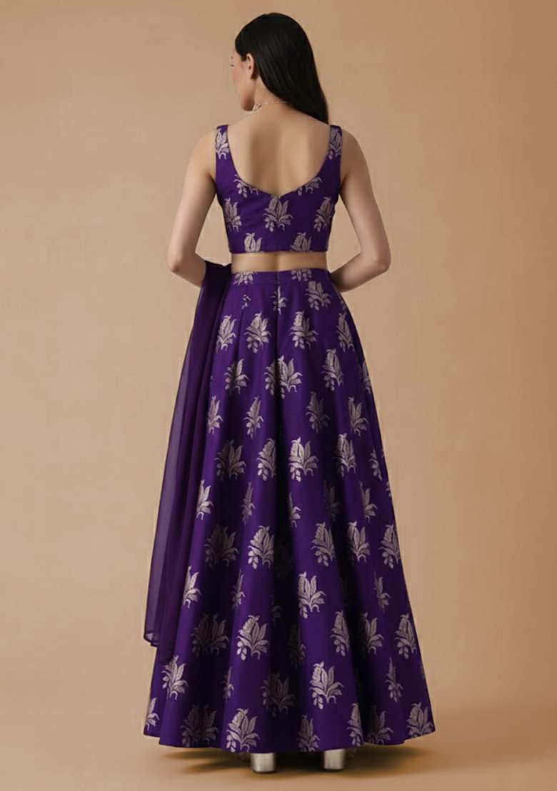 Purple Brocade Lehenga Set - Indya
