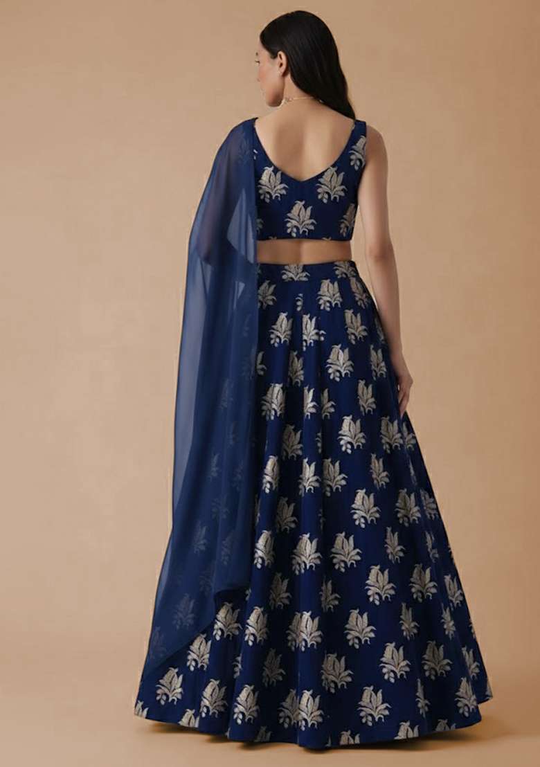 Navy Blue Brocade Lehenga Set - Indya