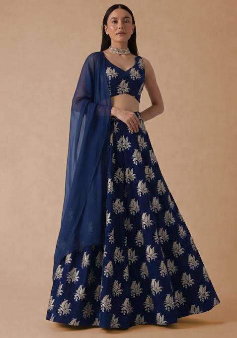 Navy Blue Brocade Lehenga Set