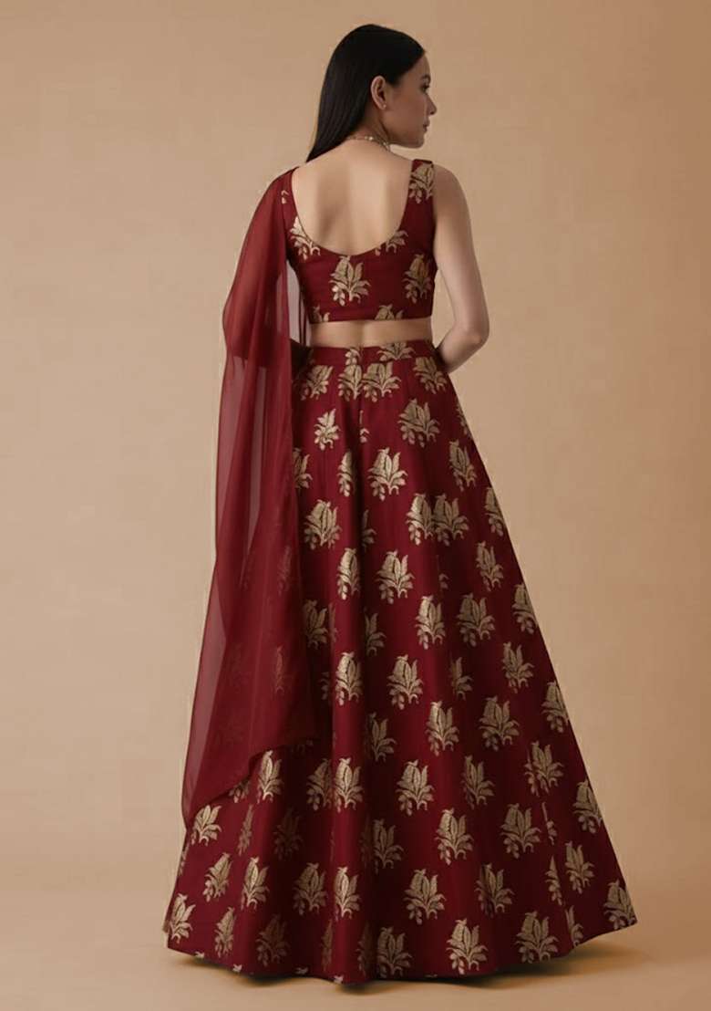 Deep Red Brocade Lehenga Set - Indya