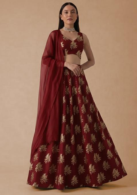 Deep Red Brocade Lehenga Set