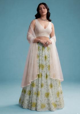 Off White Embroidered Tissue Lehenga Set