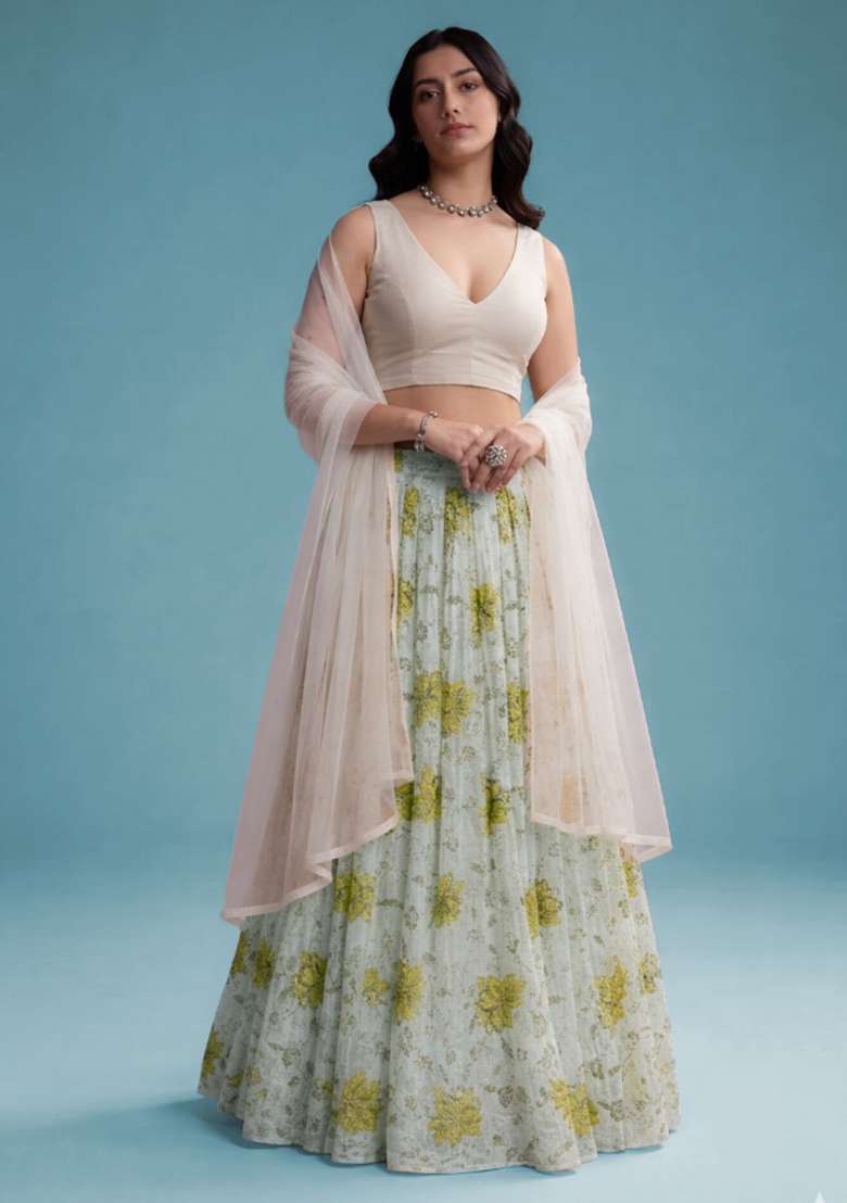 Off White Embroidered Tissue Lehenga Set - Indya