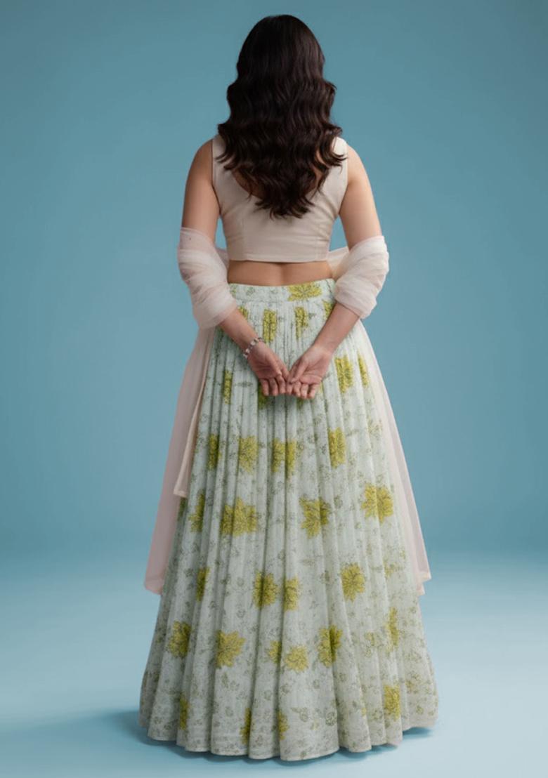 Off White Embroidered Tissue Lehenga Set - Indya