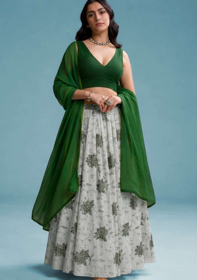 Green Embroidered Tissue Lehenga Set - Indya