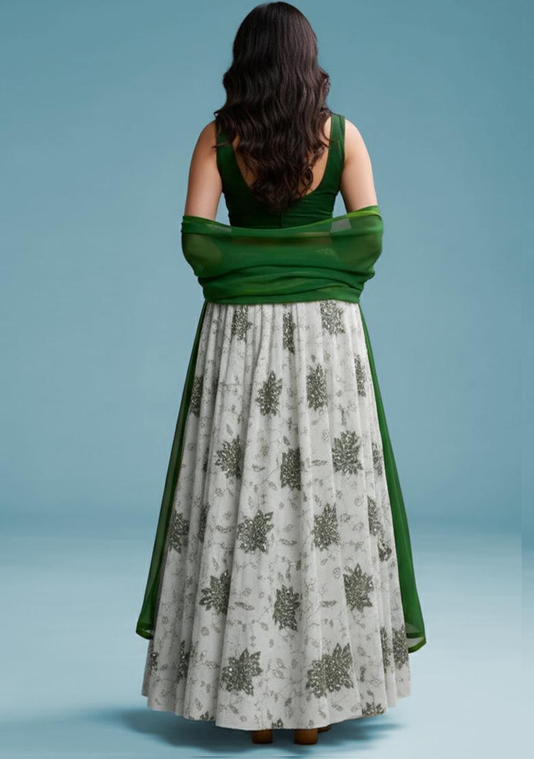 Green Embroidered Tissue Lehenga Set - Indya