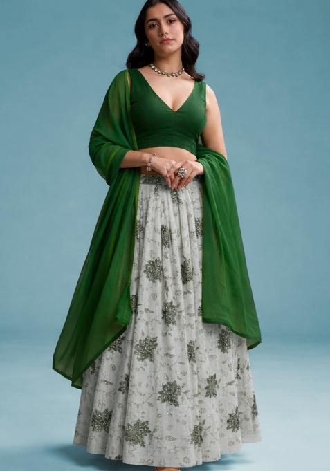 Green Embroidered Tissue Lehenga Set