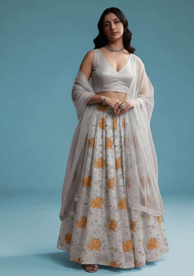 Grey Embroidered Tissue Lehenga Set - Indya