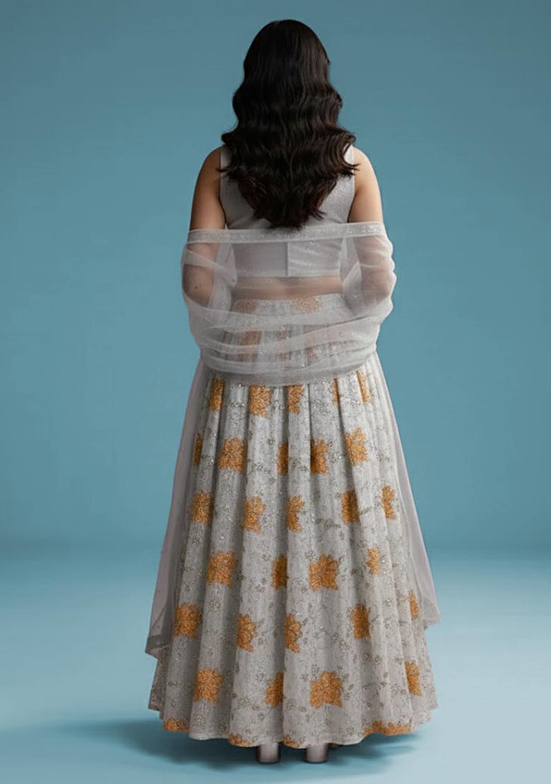 Grey Embroidered Tissue Lehenga Set - Indya