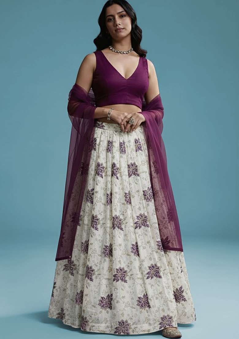 Deep Purple Embroidered Tissue Lehenga Set - Indya