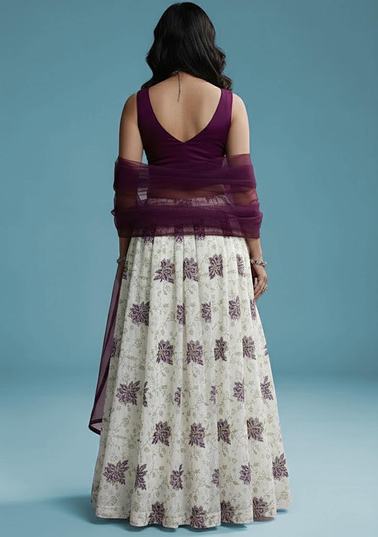 Deep Purple Embroidered Tissue Lehenga Set - Indya