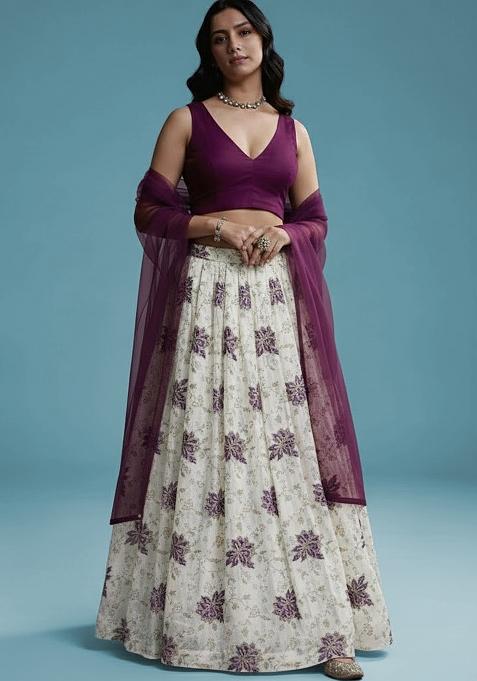 Deep Purple Embroidered Tissue Lehenga Set