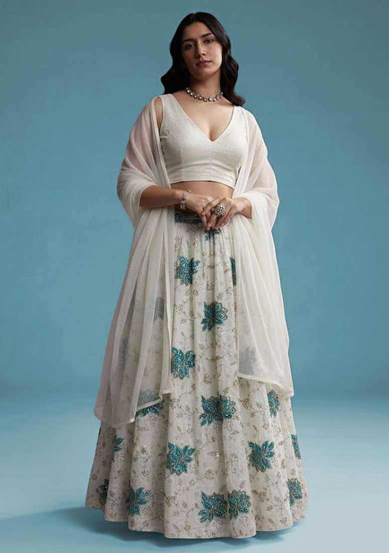 Off White Embroidered Tissue Lehenga Set - Indya