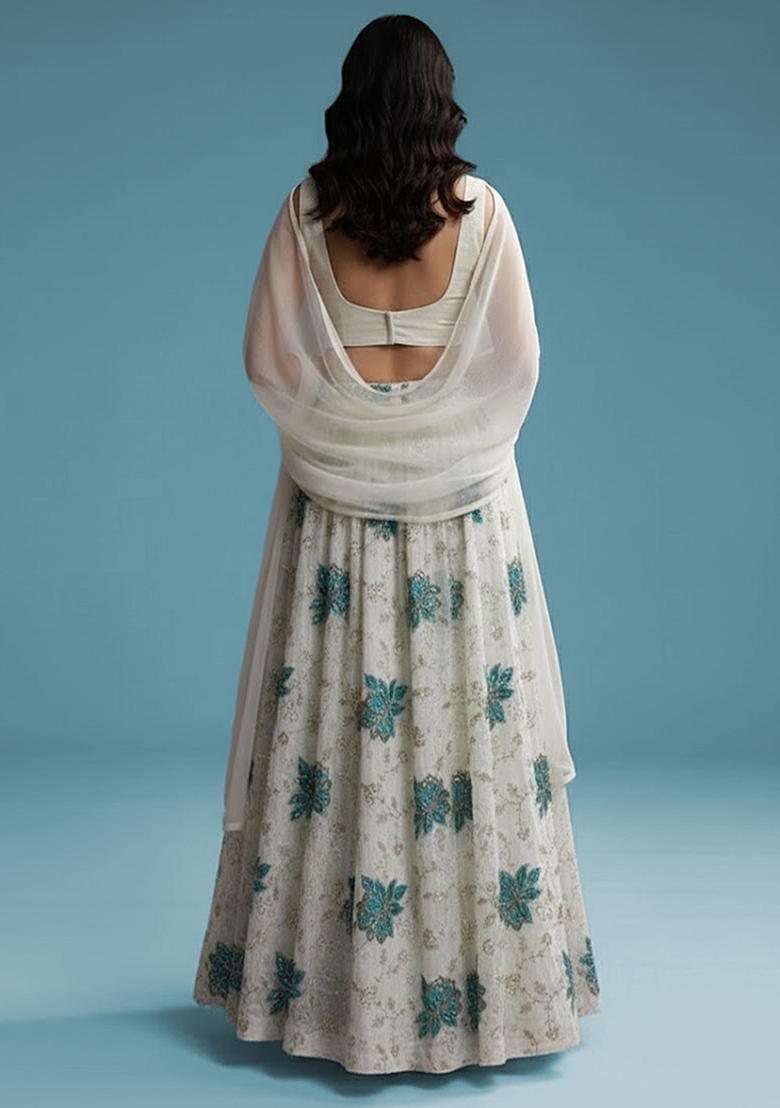 Off White Embroidered Tissue Lehenga Set - Indya
