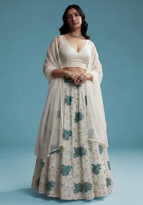 Off White Embroidered Tissue Lehenga Set