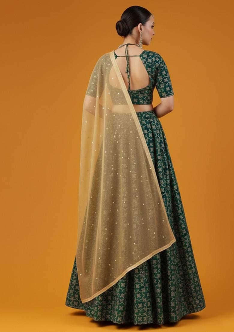 Dark Green Silk Lehenga Set - Indya