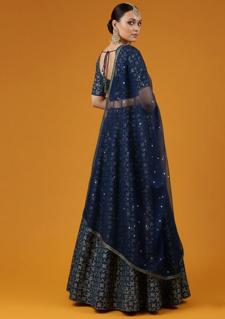 Navy Blue Silk Lehenga Set - Indya