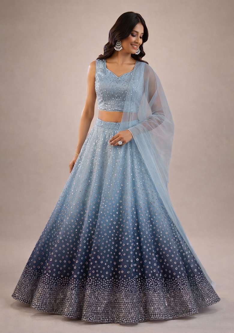 Blue Sequin Tissue Lehenga Set - Indya