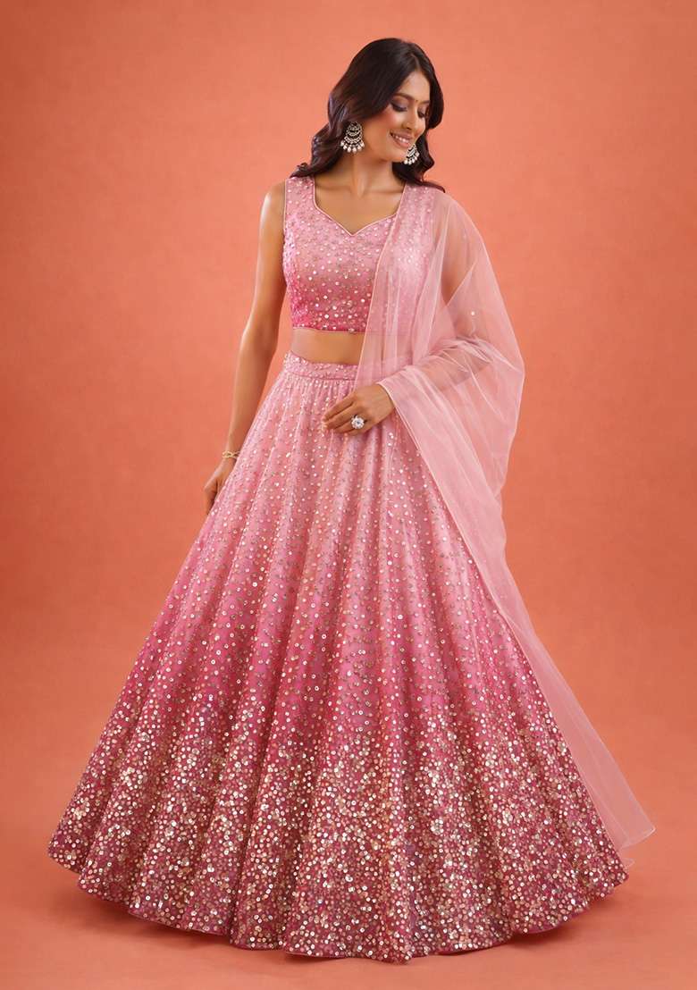 Pink Sequin Tissue Lehenga Set - Indya