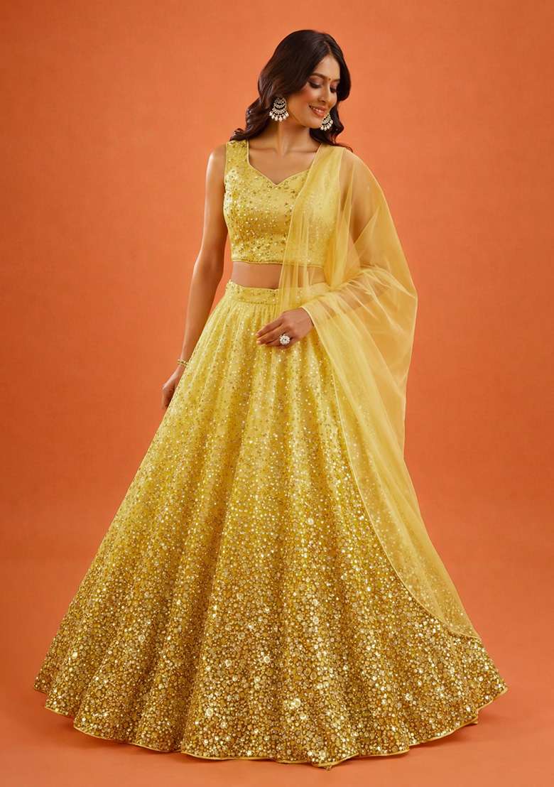 Yellow Sequin Tissue Lehenga Set - Indya