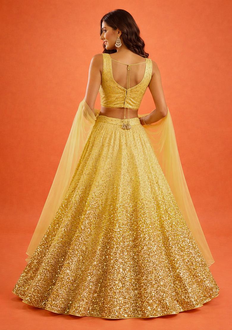 Yellow Sequin Tissue Lehenga Set - Indya