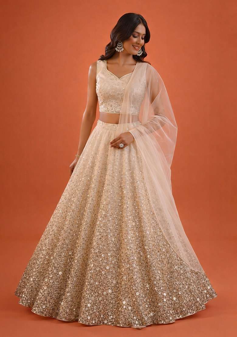 Ivory Sequin Tissue Lehenga Set - Indya