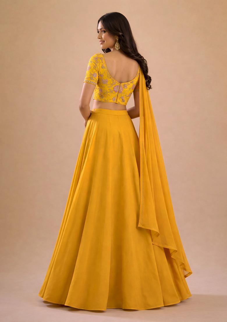 Yellow Embroidered Crepe Lehenga Set - Indya