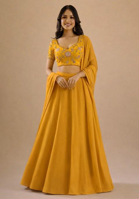 Yellow Embroidered Crepe Lehenga Set