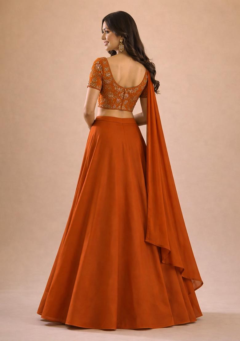 Rust Embroidered Crepe Lehenga Set - Indya