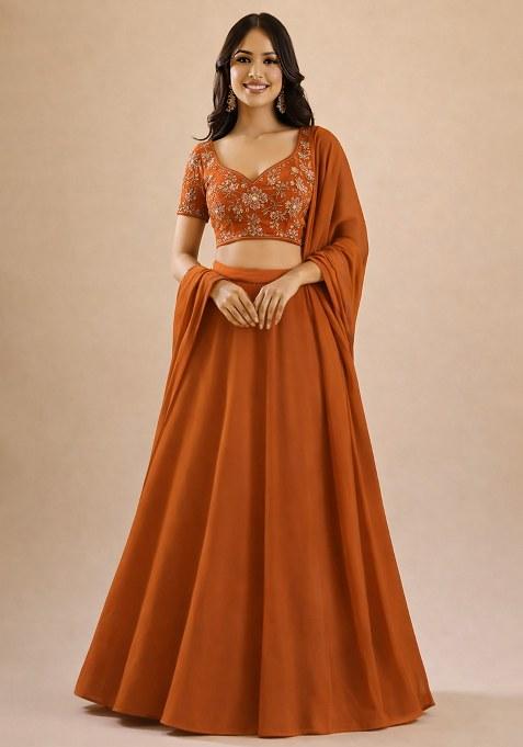 Rust Embroidered Crepe Lehenga Set